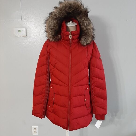 Michael Kors Faux Fur Trim Chevron Quilted Down Coat Size Large - Picture 3 of 9
